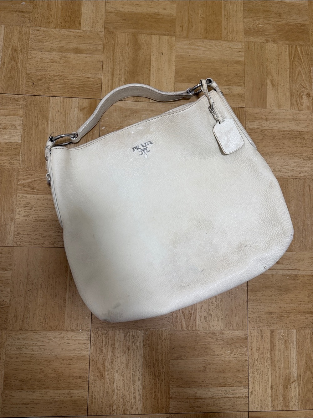 Vintage Prada Cream Pebbled Leather Shoulder Bag with Silver Hardware
